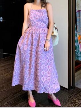Mango Lavender Patterned Midi Dress - Spaghetti Strap